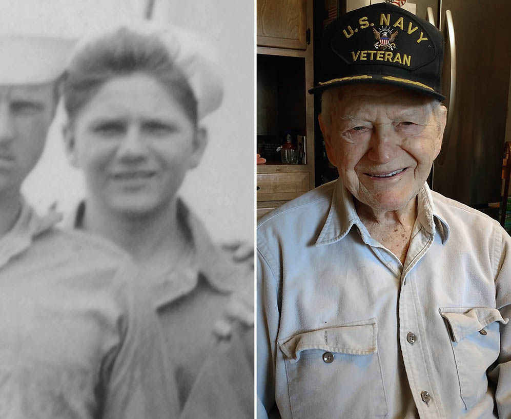 Side-by-side diptych of photographs of Harold Horn, taken in 1944 and 2018.