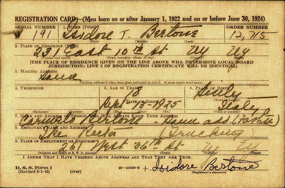 Image of the front of Isidore "Teddy " Bertone's Draft Registration Card.